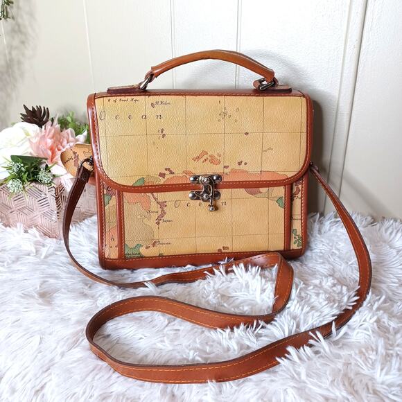 Vintage World Map Leather Hand Bag With Shoulder Strap Top Handle Crossbody - Picture 1 of 10